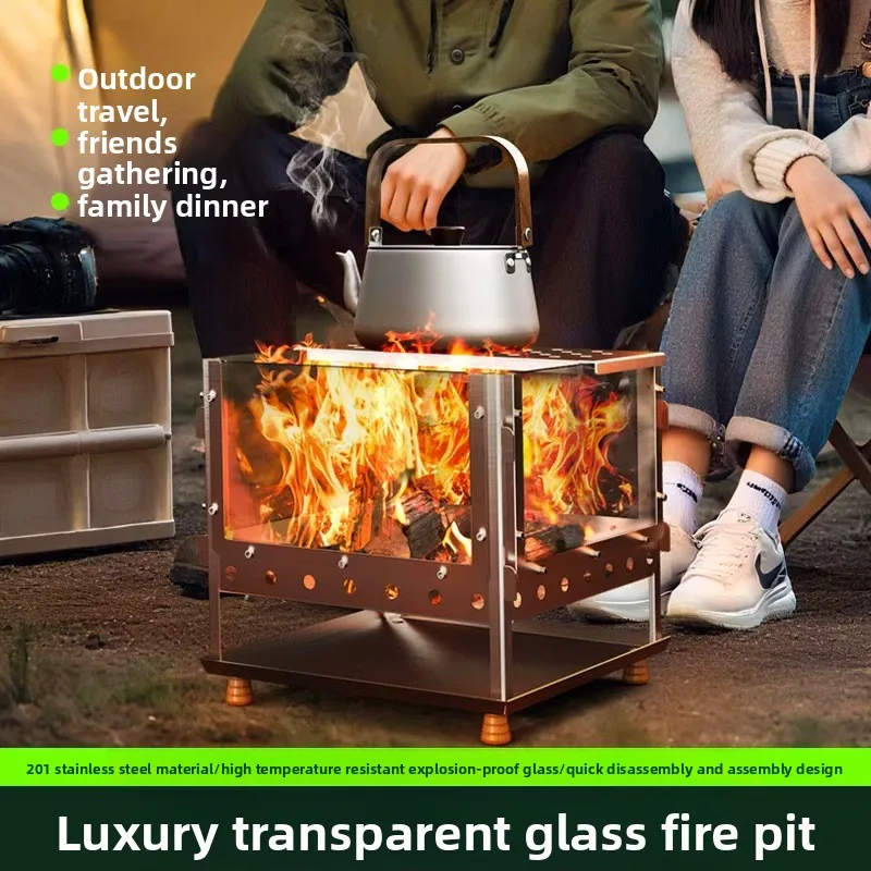 Outdoor Bonfire Stove Folding Firewood Burner Brazier Viewing Fireplace Glass Burning Platform  Camping Heating Stove
