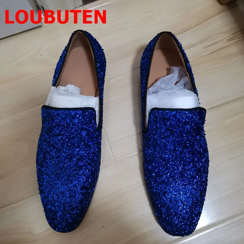 LOUBUTEN Navy Blue Glitter Loafers Luxury Men Sequins Shoes Handmade Fashion Slip On Dress Shoes Men's Flats Wedding Shoes