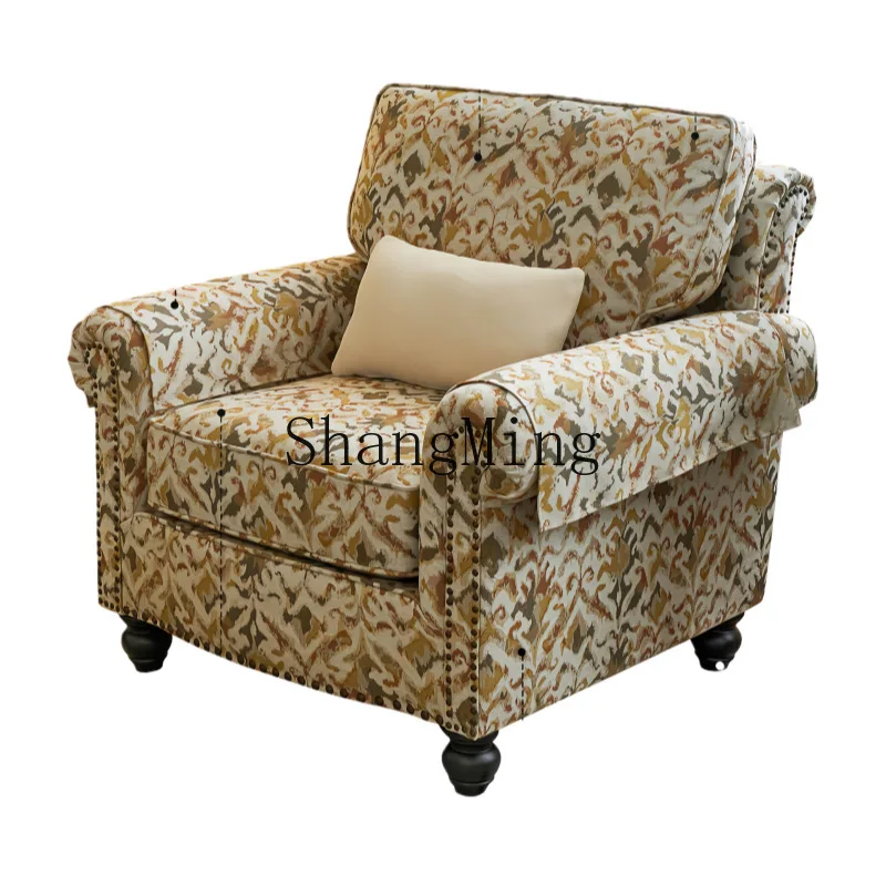 

ZYY retro fabric sofa chair all solid wood living room single sofa bedroom printed fabric leisure chair