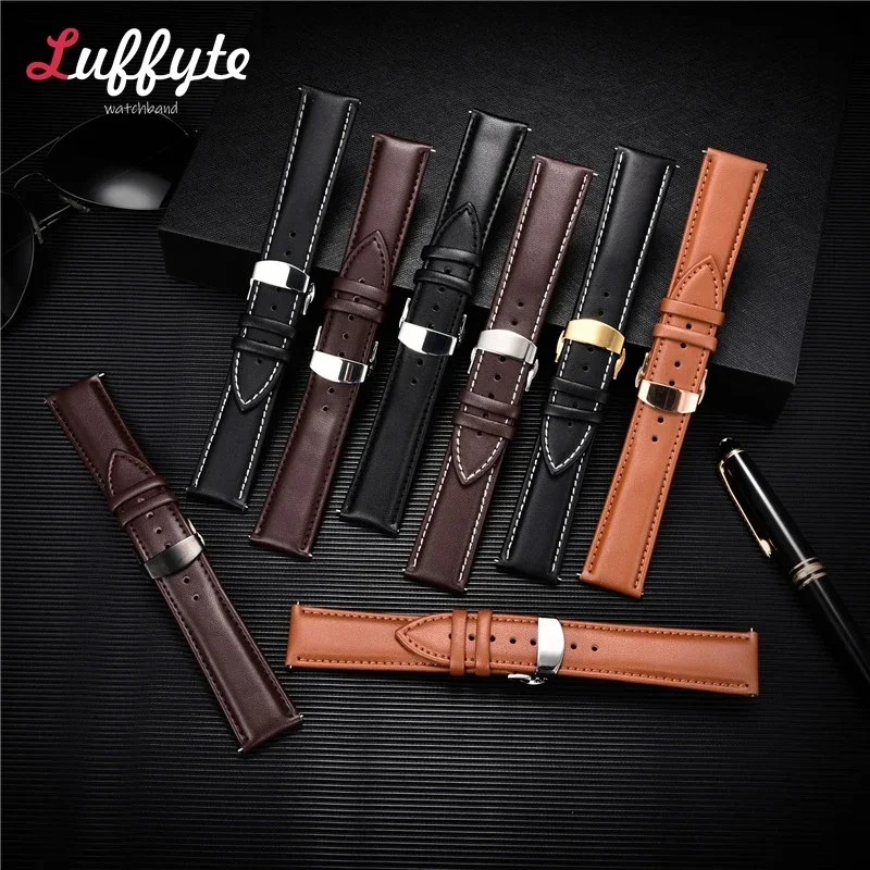 Leather Watchband 18mm 20mm 22mm 24mm Men Women Leather Watch Band with Automatic Butterfly Clasp Watch Strap