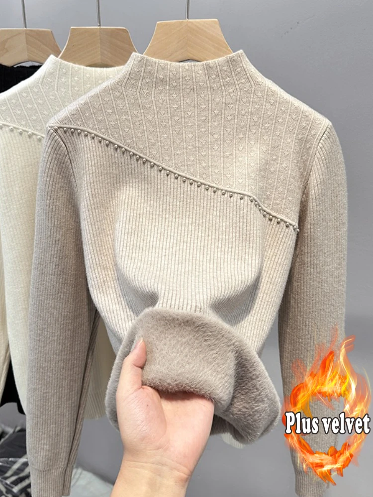

Цельный утолщенный флисовый свитер для женщин, базовая рубашка с воротником до половины, внутренняя одежда, новый вязаный пуловер на осень-зиму