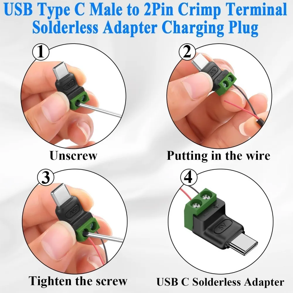 5PCS USB C 2Pin Solderless Charging Connector Type C Male To Terminal Adapter 5V 3A for DIY OTG Mouse Keyboard Non-Data