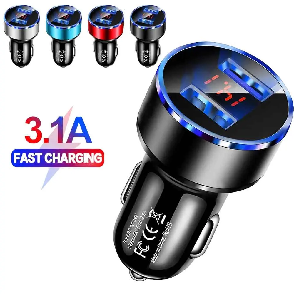 High-Quality 3.1A Dual USB Car Charger, 2-Port 12-24V Adapter with LCD Voltage Display for Cigarette Lighter Socket