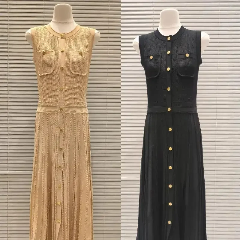 

2025 New Summer Women's Hollow Out Knitted Dress Versatile Waist Slim Sleeveless Single Breasted Ladies Long Robe