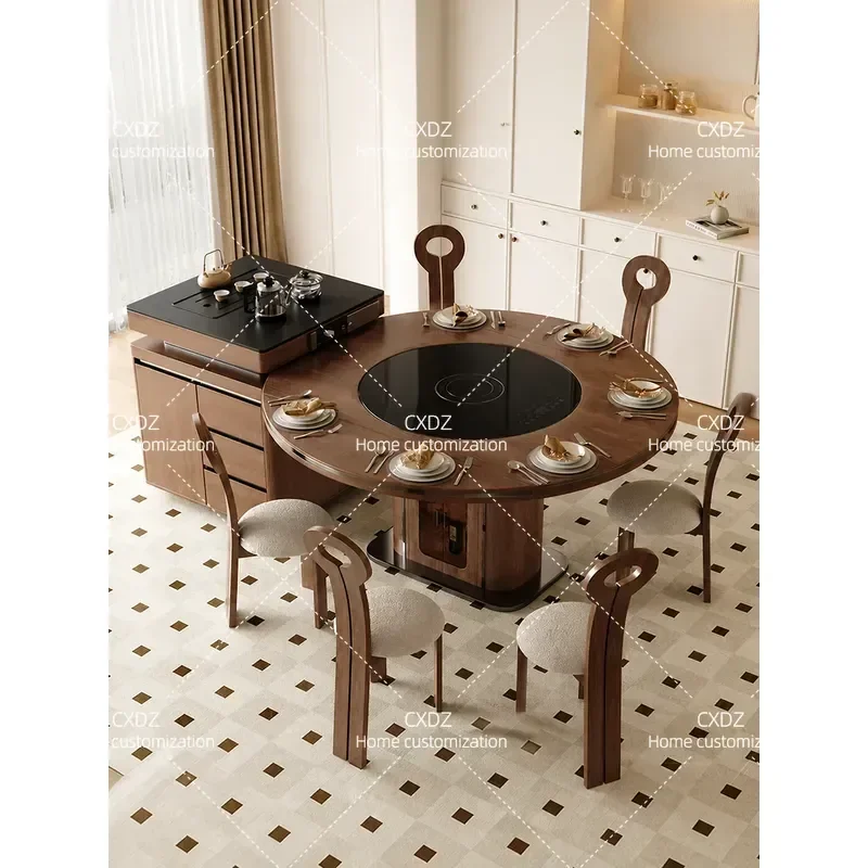 Solid Wood Retractable Dining Table with Detachable Tea Table Antique Style Space Saving Integrated Household Furniture Warm