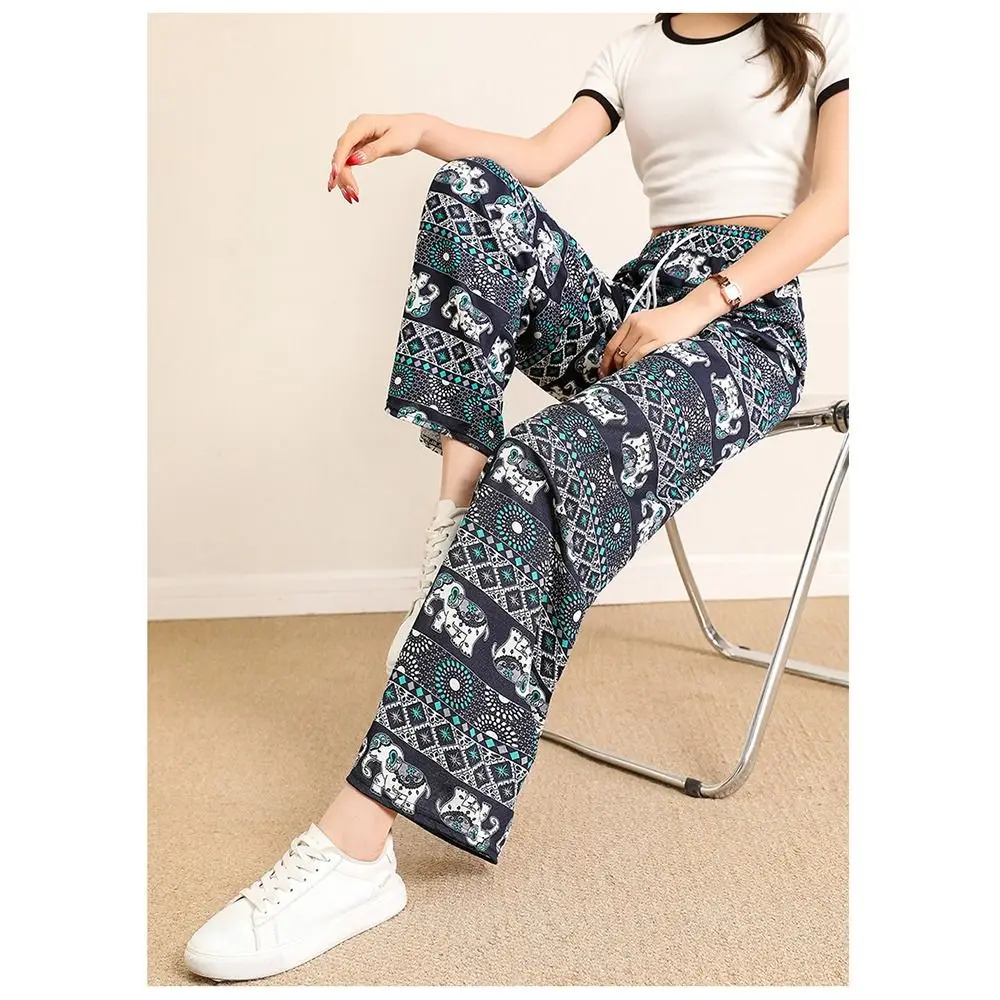Colorful Thai Elephant Printed Pants Comfy Boho Pattern Wide Leg Pants for Women High Waist with Strap Women's Harem Pants