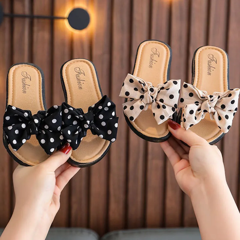 2022 New Bow Flats Open Toe Slide Sandals Non-slip Flip Flops Children Home Slippers Kids Girls Summer Cute Beach Slippers Shoe