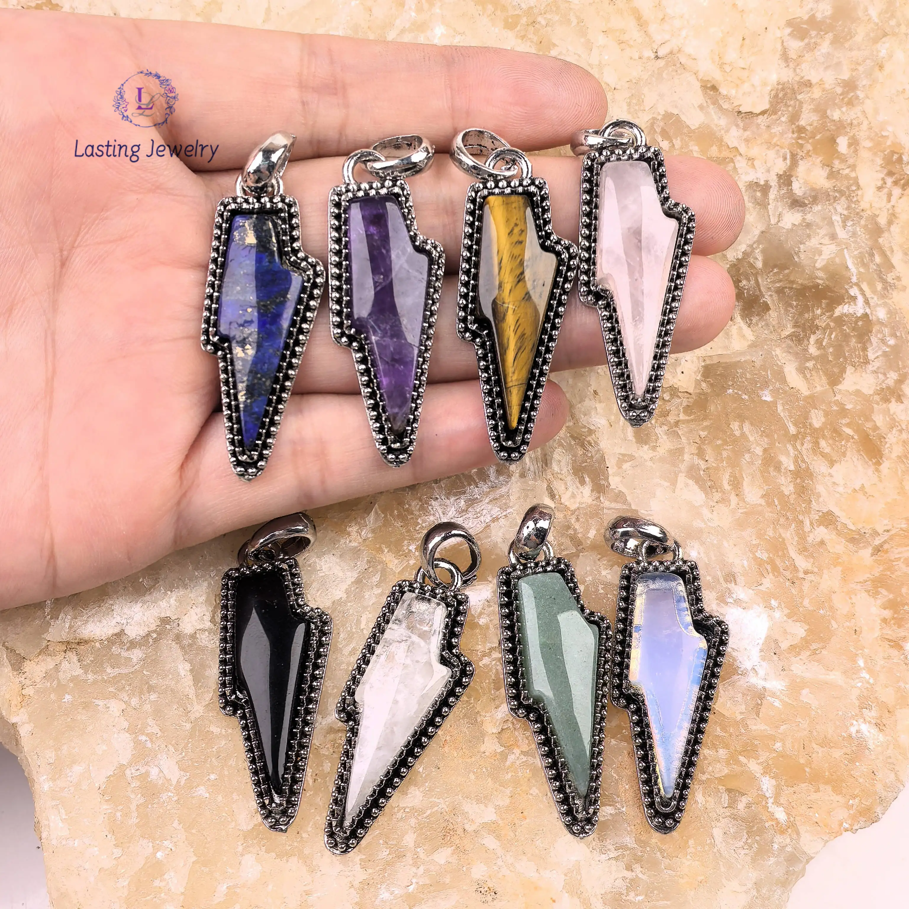 

Lightning Gemstone Anitque Silver Bezel Pendants,Chakra Reiki Crystal Rose Quartz Lapis Amethyst Charms Necklace DIY Jewelry