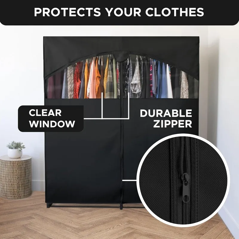 Portable Wardrobe Closet, Large - Premium Heavy Duty Metal Hanging Rod with Black Cover- 50 Lb. Weight Capacity- Super Easy