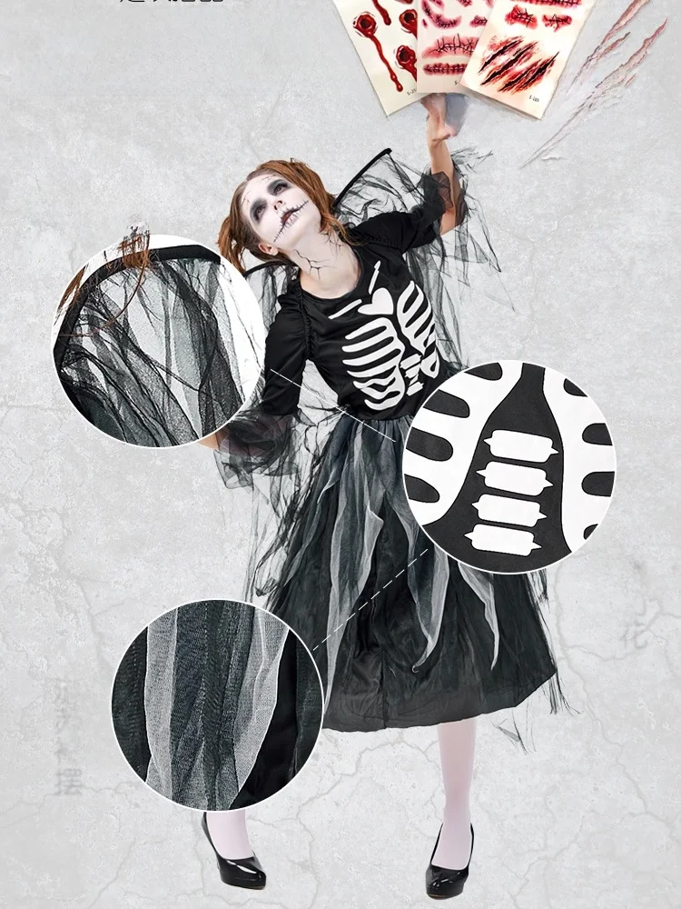 زي الساحرة السوداء للهالوين مع طباعة هيكل عظمي زومبي وملائكة سوداء متساقطة للنساء البالغات، زي حفلات الرعب القوطي #2