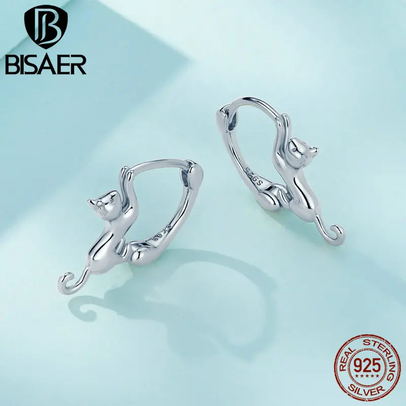 BISAER Real 925 Sterling Silver Cute Cat Aanimal Jewelry Set Pet Ring Necklace Earrings for Women Party Original Fine Jewelry