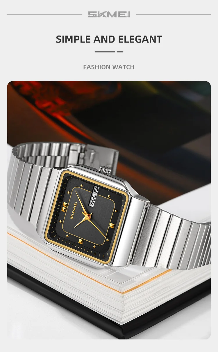 SKMEI 9414 Simple Square Dial Calendar Week Stainless Steel Strap Quartz Watch Men's Waterproof Business Mens Watch Reloj Hombre