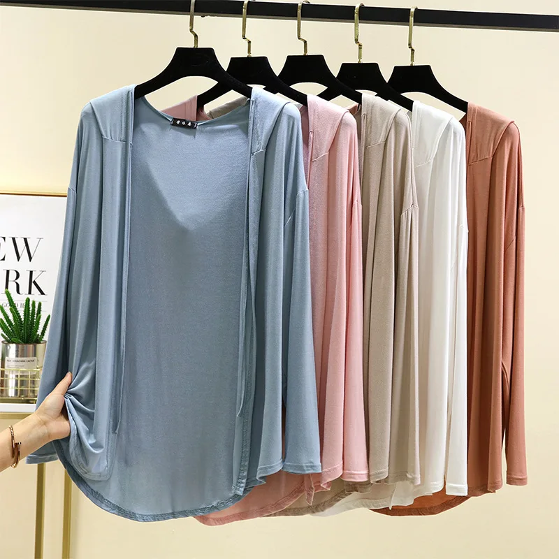 Casual Modal Long Sleeve Hoodie Women Summer Large Size Sun Protection Top Shawl Thin Outerwear Casual Outerwear Air Conditio...