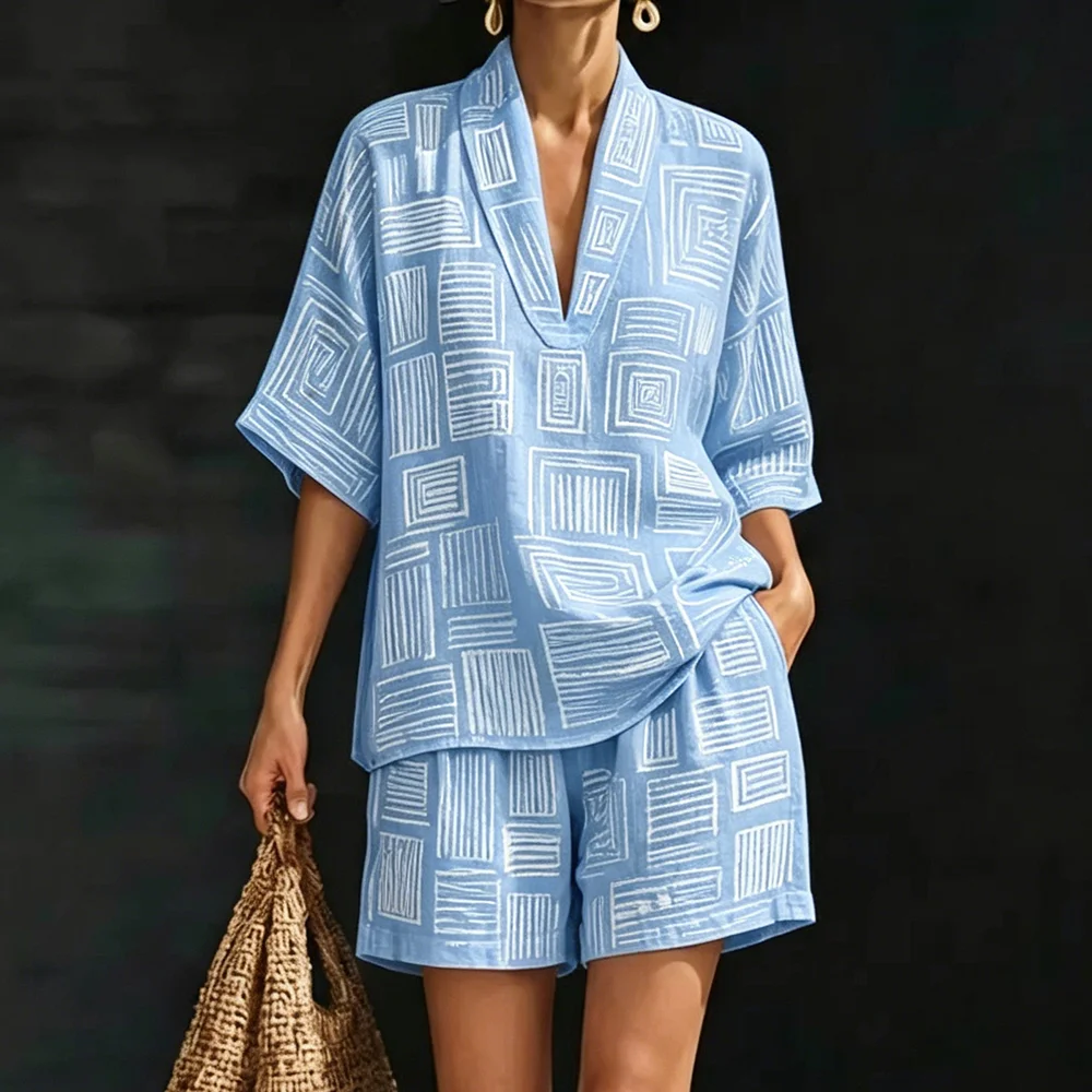 Summer Women's Simple White Printed Pattern Two-Piece Set Loose Fit Top and Shorts Leisure Beach Comfortable and Stylish Outfit
