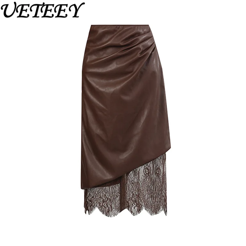 

Сексуальная юбка миди из искусственной кожи для женщин, новинка 2026 года, с завышенной талией, кожаными вставками, кружевом и асимметричным подолом, юбка-карандаш для женщин