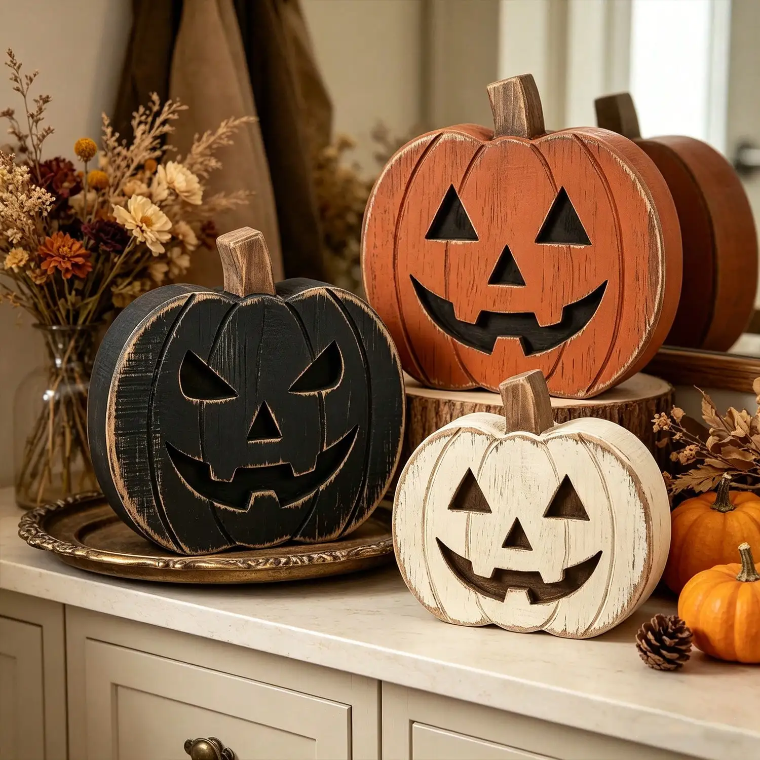 Halloween Wooden Pumpkin Figurines, Pumpkin-Themed Decorations, Autumn Home Decorations, Rustic Farmhouse-Style Wooden Pumpkin Table Signs, Wooden Multi-Layer Trays - These Are Ideal Gifts For Celebrating Thanksgiving And Halloween.