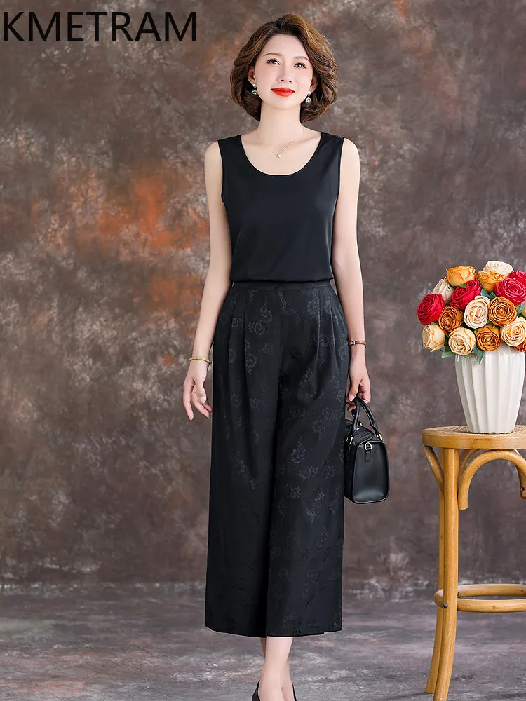 KMETRAM 92% Real Mulberry Silk Trousers Women 2026 Summer Retro Jacquard Calf-length Wide-leg Pants Clothes for Woman Ropa Mujer
