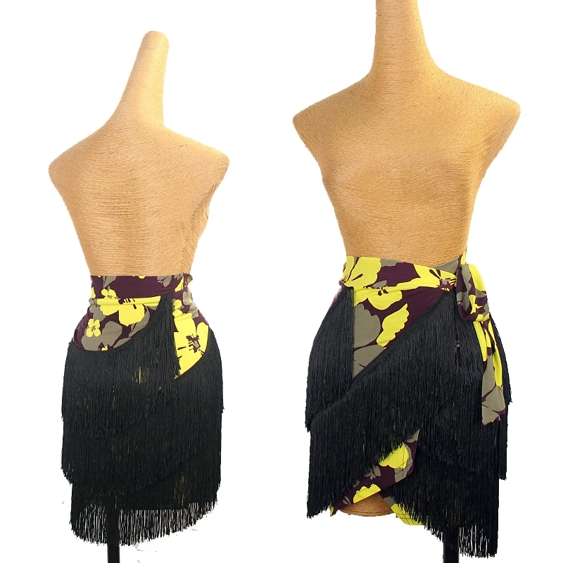 Yellow Flower Print Latin Dance Ckirt Women Tassel Hip Scarf Sexy Practice Clothing Rumba Samba Cha Dance Costume DNV21433