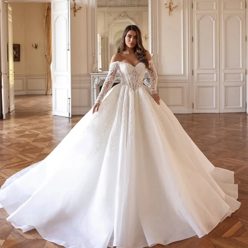 

White Shiny Quinceanera Dresses Off The Shoulder Applique Beading Crystal Long Sleeves Party Birthday Sweet 16 Dress Vestidos 15