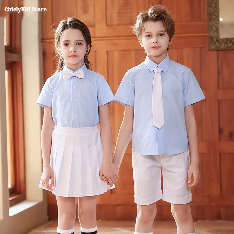 

Kids School Uniforms Boys Solid Shirt Shorts Girls Blouse Pleated Skirt Children Korean Kindergarten Students Summer Clothes Set