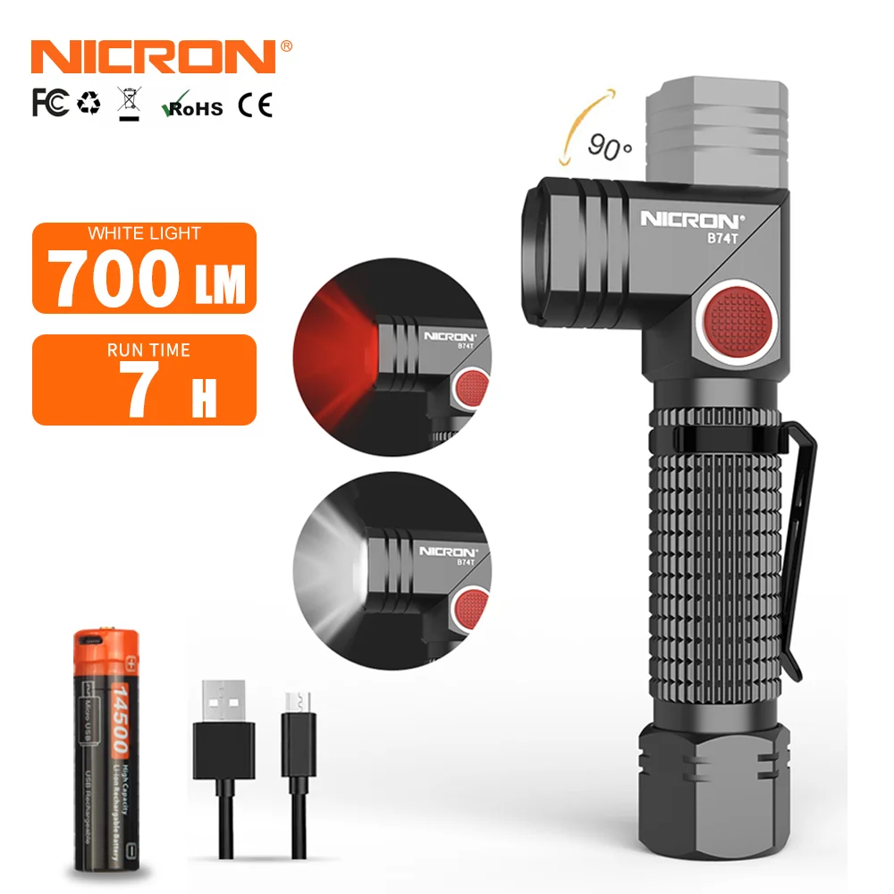 NICRON B74T Mini Rechargeable Twist Flashlight With Red Light