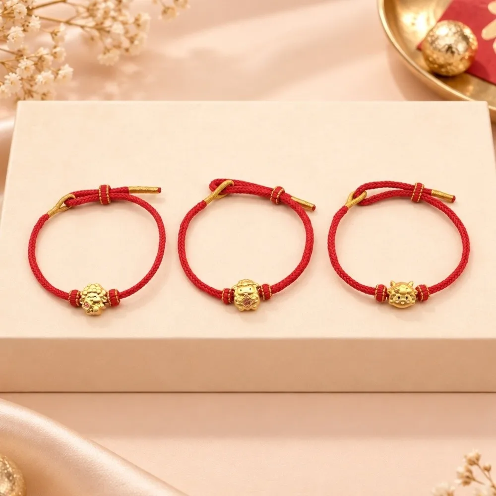 Braided Zodiac Goat Bracelet Gold Plated Adjustable Red String Hand Chain Lightweight Sliding Lucky Bracelet Chinese New Year