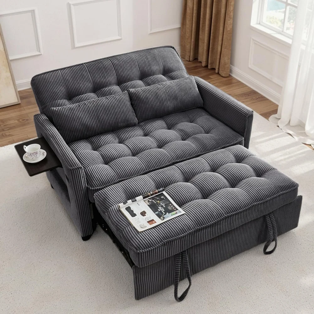 

Sleeper Sofa Bed, 52‘’ Convertible Pull Out Couch with Small Table| USB Port | Side Pockets | Corduroy Fabric | Adjustable Backr
