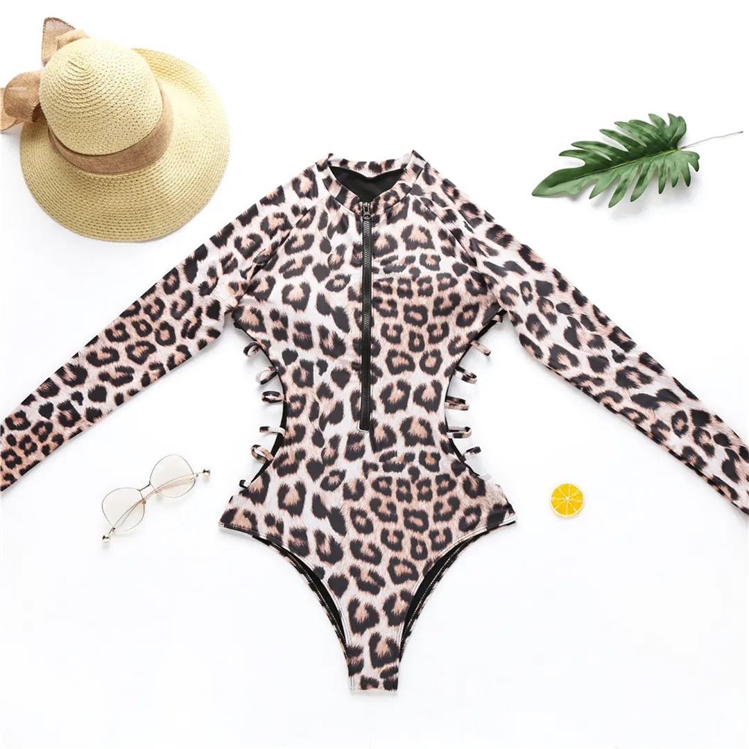 Sexy Reißverschluss Surf Rash Guard Einteiliger Badeanzug Damen Bademode Weiblicher Badeanzug mit Schlangenhaut-Print und langen Ärmeln V2108L – Detail 11