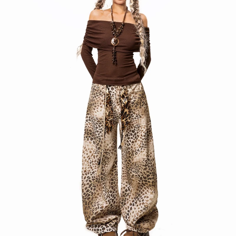 American Retro Leopard Print Women's Jeans Autumn Winter Jazz Sweet Cool Hot Girl Loose Versatile Straight Wide-Leg Pants Girl