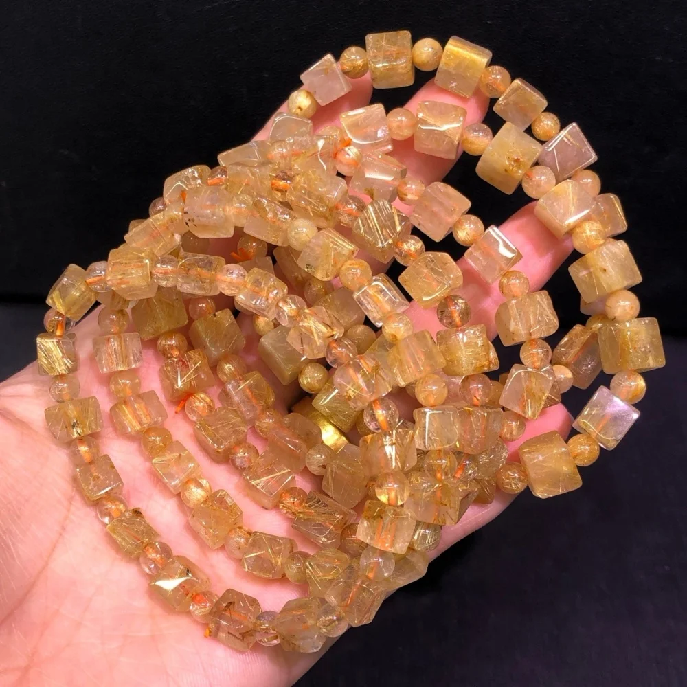 

6-7MM Natural Freeform Golden Hair Quartz Cube Bracelet Women Energy Reiki Healing Bangle Jewelry Holiday Gift 1PCS