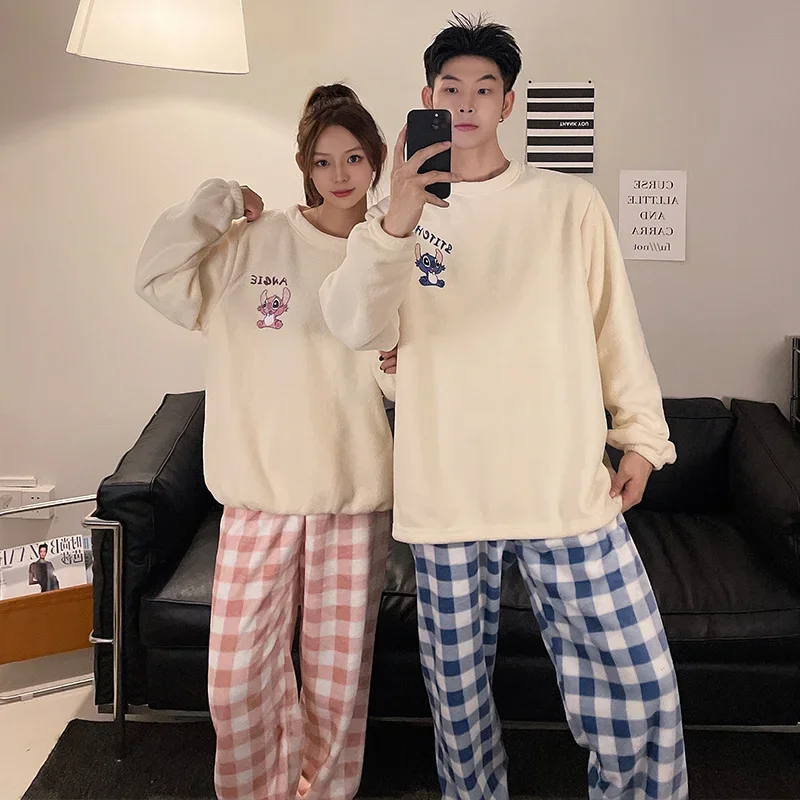 Cartoon Disney couple pajamas winter plush crew neck coral fleece casual two-piece set new men\'s/women\'s Stitch women\'s pajamas