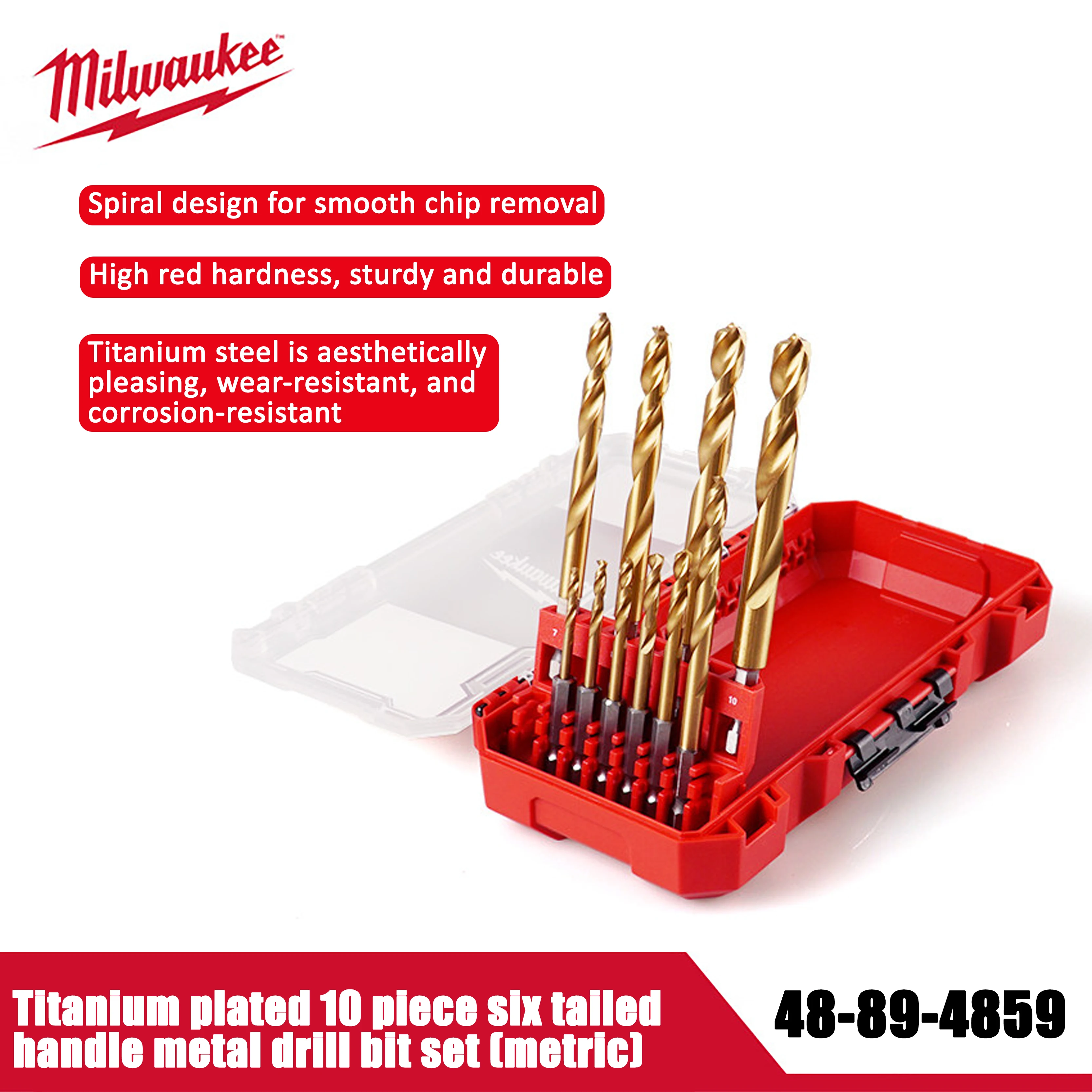 Milwaukee Titanium Plated 10 Pieces of Six Tail Metal Drill Bit Set, Stainless Steel Fried Dough Twists Drill Bit Head 48-89-485