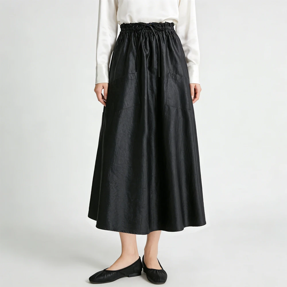 2026 Women's Fashion New Black 100% Natural Mulberry Silk Turtle Pattern Fragrant Cloud Yarn Flower Bud Waist Retro Pocket Skirt