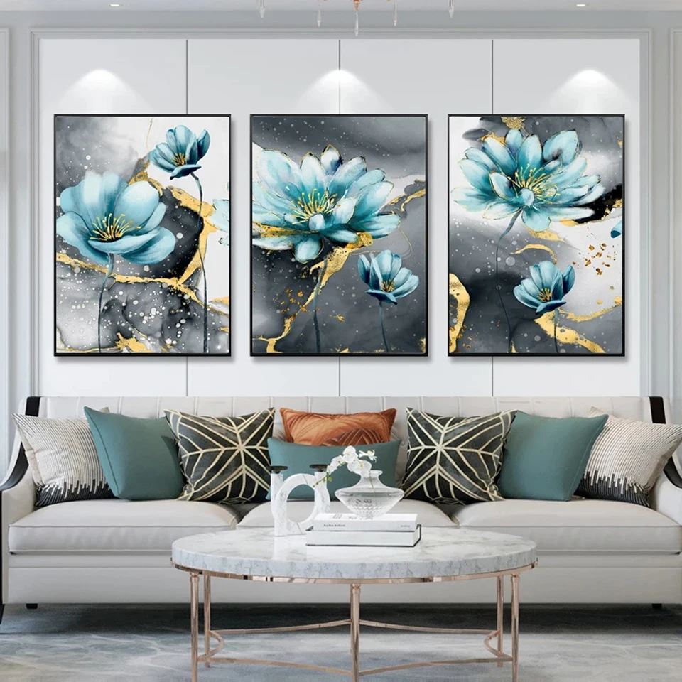 Modern Luxury Golden Blue Flowers Diamond Painting Triptych Diamond Mosaic New 2023 Cross Stitch Kits Home Decor Wall Art