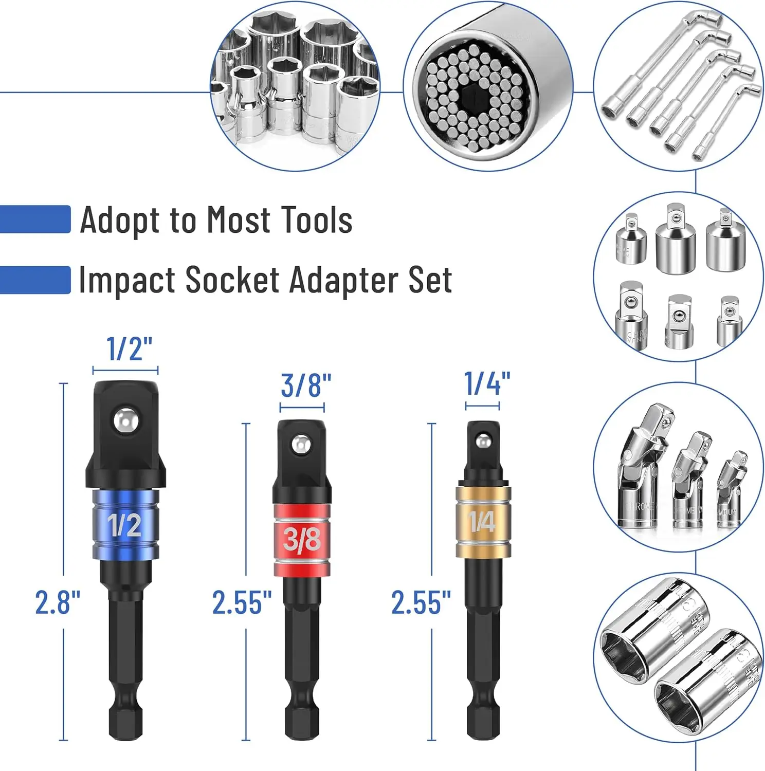 4Pcs Impact Driver Socket Adapter Set 1/4 3/8 1/2" Universal with Right Angle Drill 105° Screwdriver Hex Bit Extension view 2