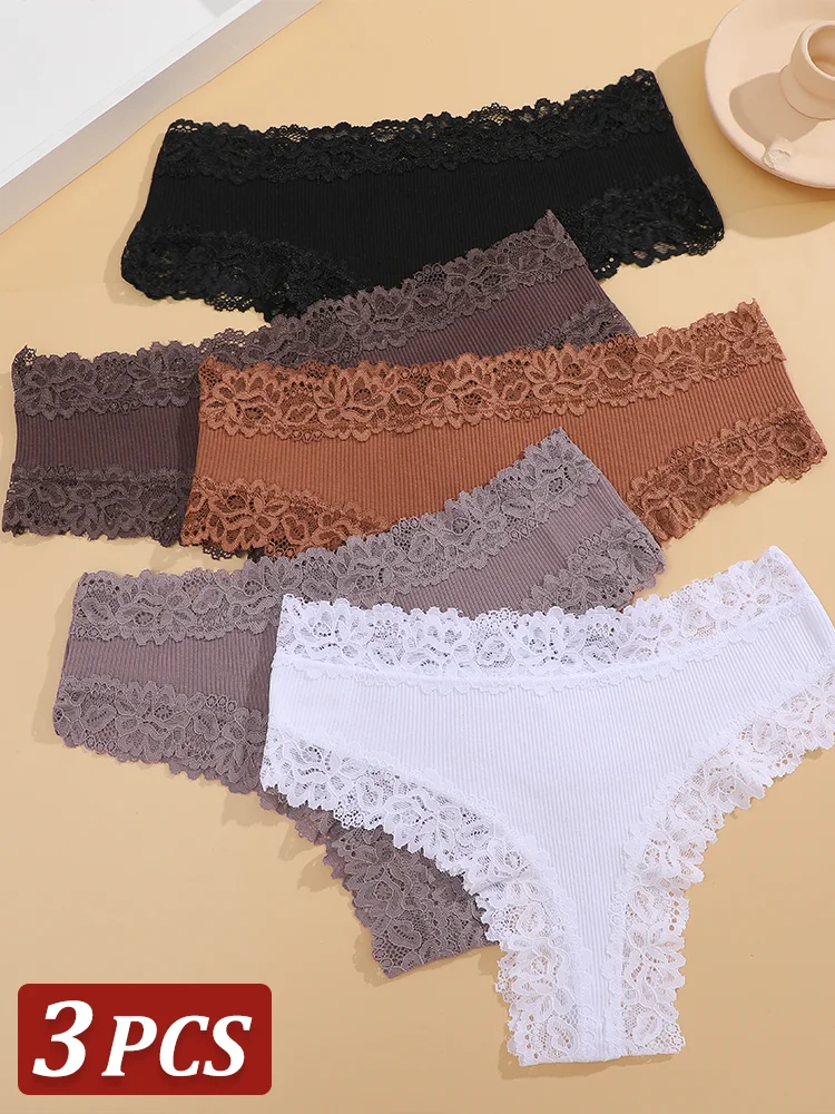 3Pcs Sexy Women Cotton Brazilian Pants Lace Brazilian Briefs Low Waist Floral Solid Color G-string Breathable Soft Lingerie