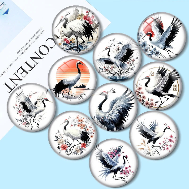 Cabochons en verre motif grue chinoise 12/18/20/25mm pour la fabrication de bijoux, bracelets, pendentifs, anneaux, boucles d'oreilles et autres composants