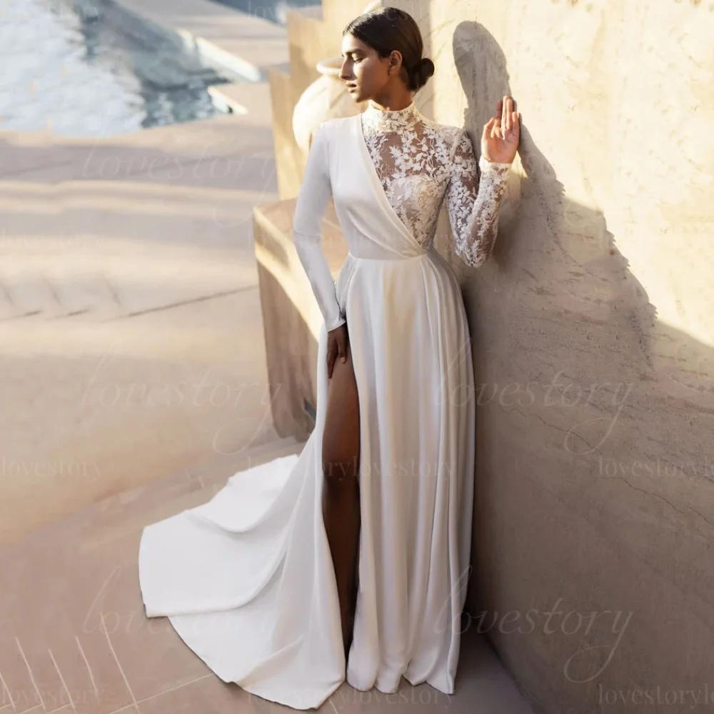 Customized Classic A Line Wedding Dresses High Neck Split Appliques Bridal Gowns Long Sleeve Button Elegant Vestidos De Noiva