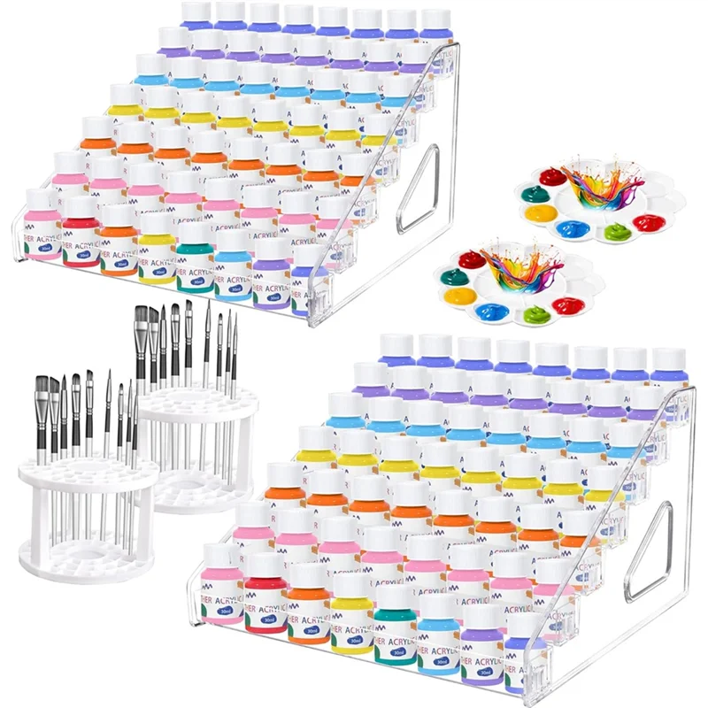 ABBG-6Pcs Acrylic Paint Organizer With Brush Holder 7-Tier Miniature Paint Storage For 2Oz Acrylic Paints