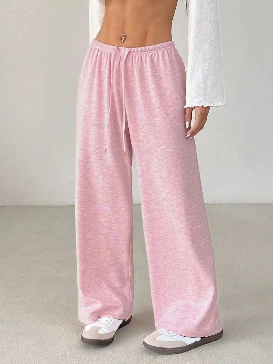 

Women's Soft Knit Drawstring Waist Loose Wide Leg Pants, Pink Solid Casual Fall Winter