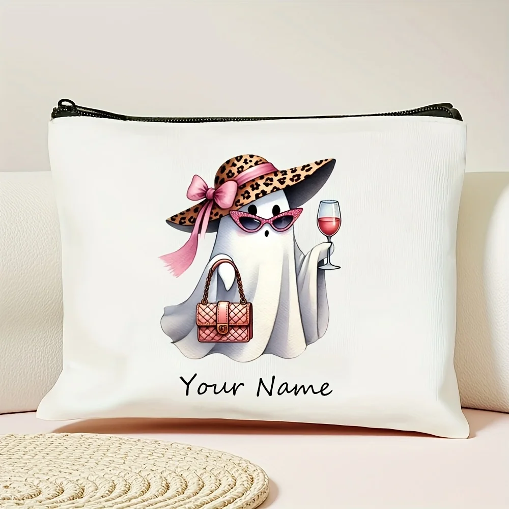 Customizable Name Pumpkin Ghost Wizard Hat Pink Bow Makeup Bag Large Capacity Lightweight Foldable Cosmetic Pouch Halloween Gift