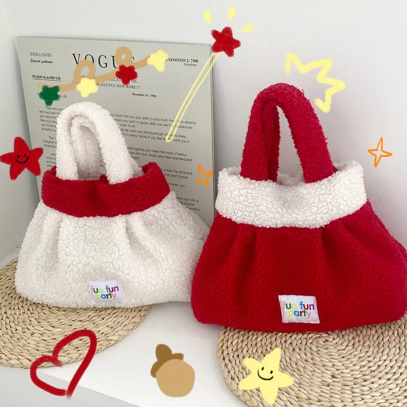 Sac à main en peluche pour parents et enfants, sac de bénédiction de Noël et du Nouvel An, grand sac à bento en laine d'agneau rouge, automne et hiver, nouvel article