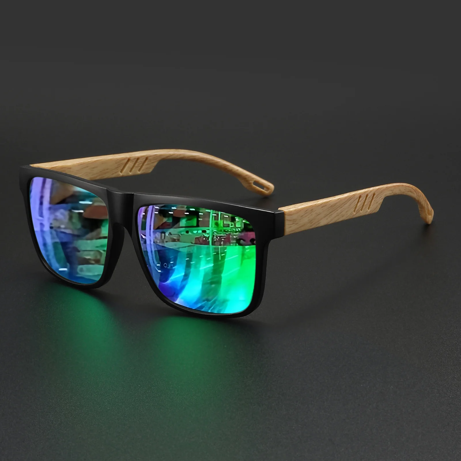 Neue modische quadratische Sonnenbrille – Federscharnier mit Holzmaserung, UV400, Unisex zum Fahren, Wandern und Reisen