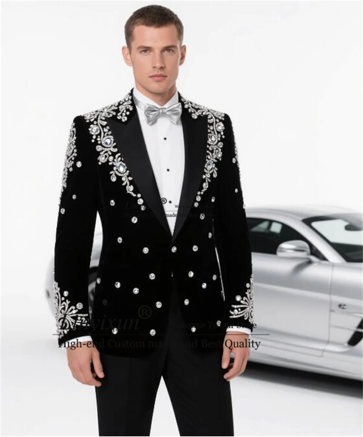 

Glitter Metal Embellished Men Suits 2 Pieces Sets Party Prom Blazer Customized Costume Homme Weddinmg Slim Fit Groom Tuxedos