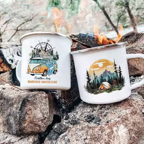 Adventure Day Caravan Printed Camper Mugs Camping Enamel Mug Campfire Party Beer Juice Cup Mountain Handle Cups Gifts for Camper
