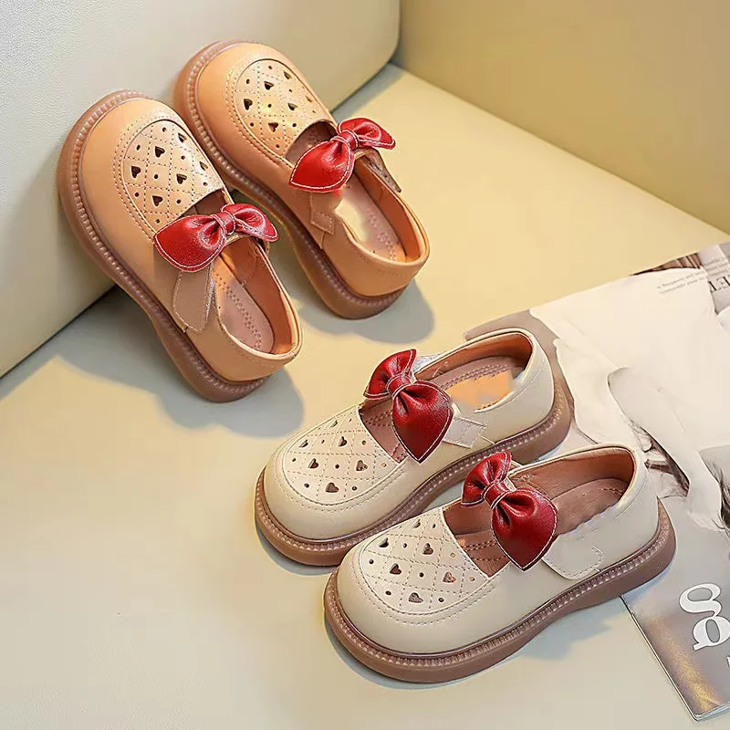 real photos Bowknot Children's Shoes 2024 Spring Autumn Summer Fashion Single Shoes Retro Hollow Girls Love Princess Shoes