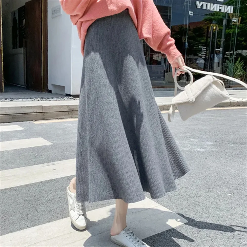 

2023 New Women Winter Skirts Loose Casual A-line High Waist Female Knitted Dress Elegant Solid Korean Fashion Sweater Midi Skirt