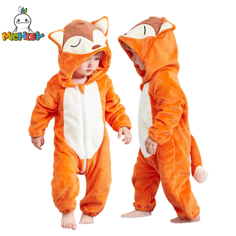 MICHLEY Halloween Fox Baby Rompers Winter Hooded Flannel Toddler Infant Clothes Overall Bodysuits Jumpsuit Costume For Kids Bebe