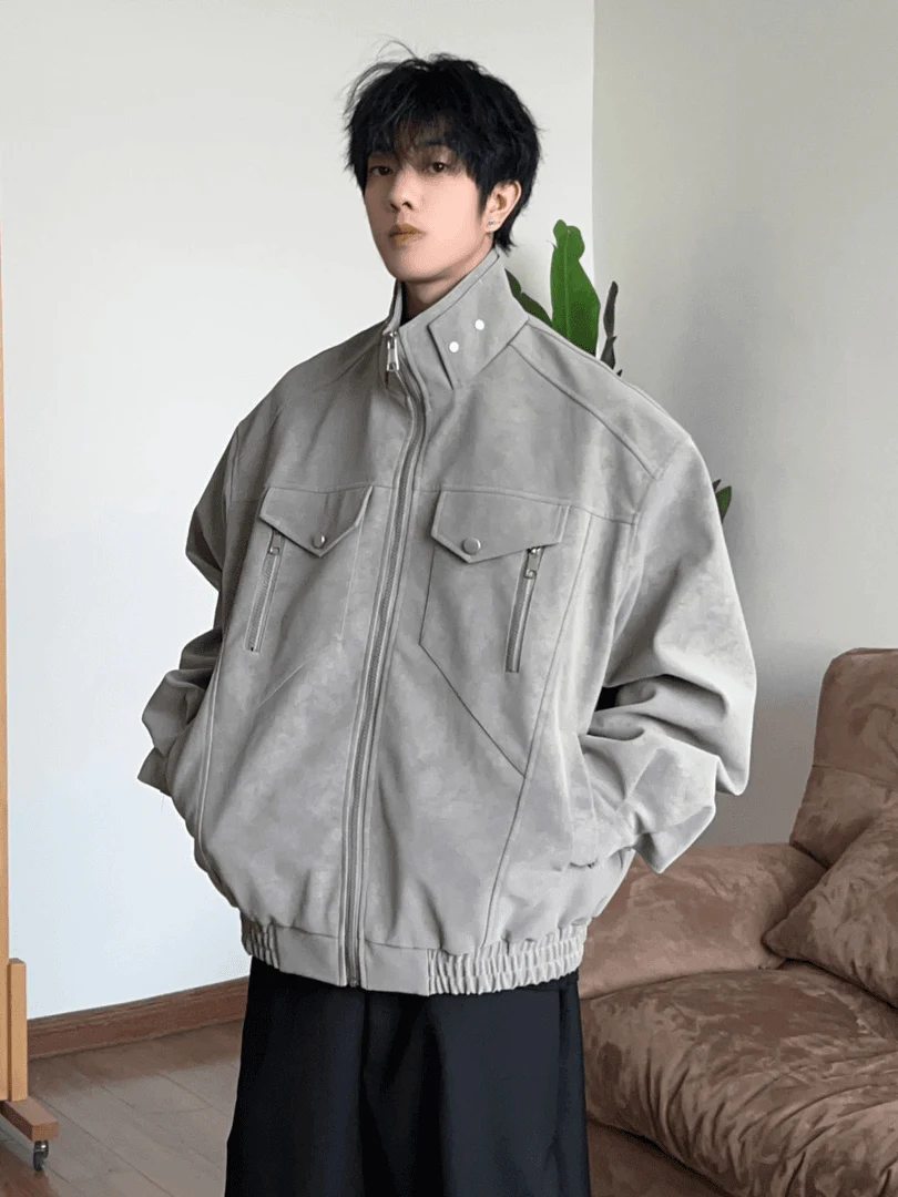 

Коричневый воротник-стойка из искусственной кожи, мужская весенне-осенняя рабочая одежда с застежкой-молнией, длинный свеч Jaet Youth Faion