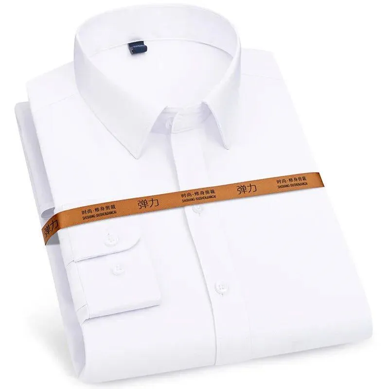 

New Men's Dress Shirt Thin Long SVE Business No Ironing Required Waist-Cinching PU Leather Collar CleanFit Style 3D Effect